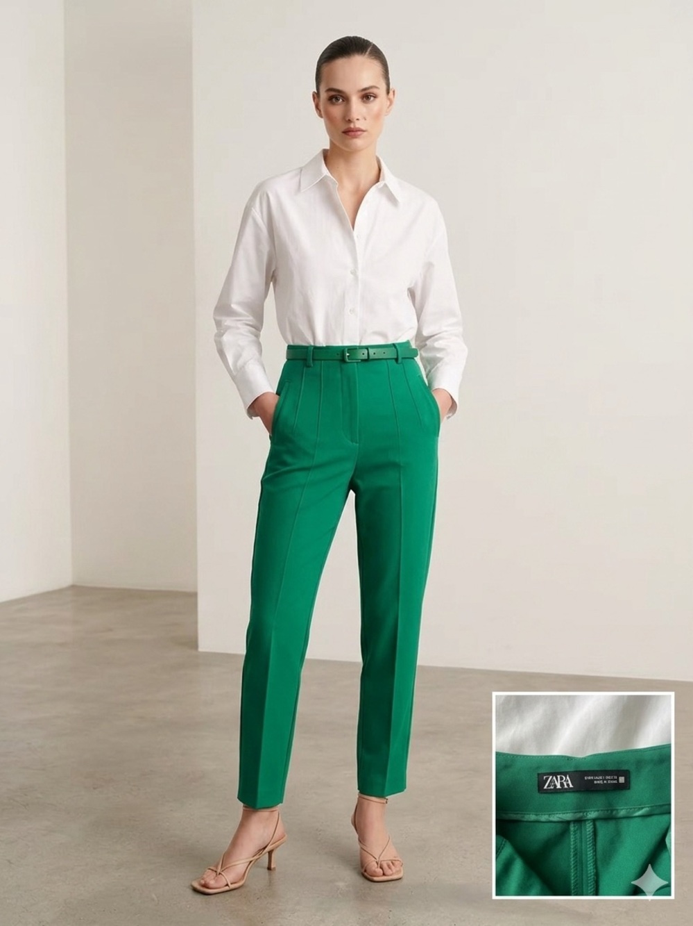 Zara Green High-Waist Tailored Trousers with Belt